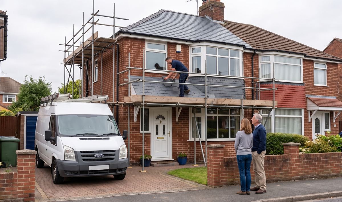 A roofer working on a tiled roof